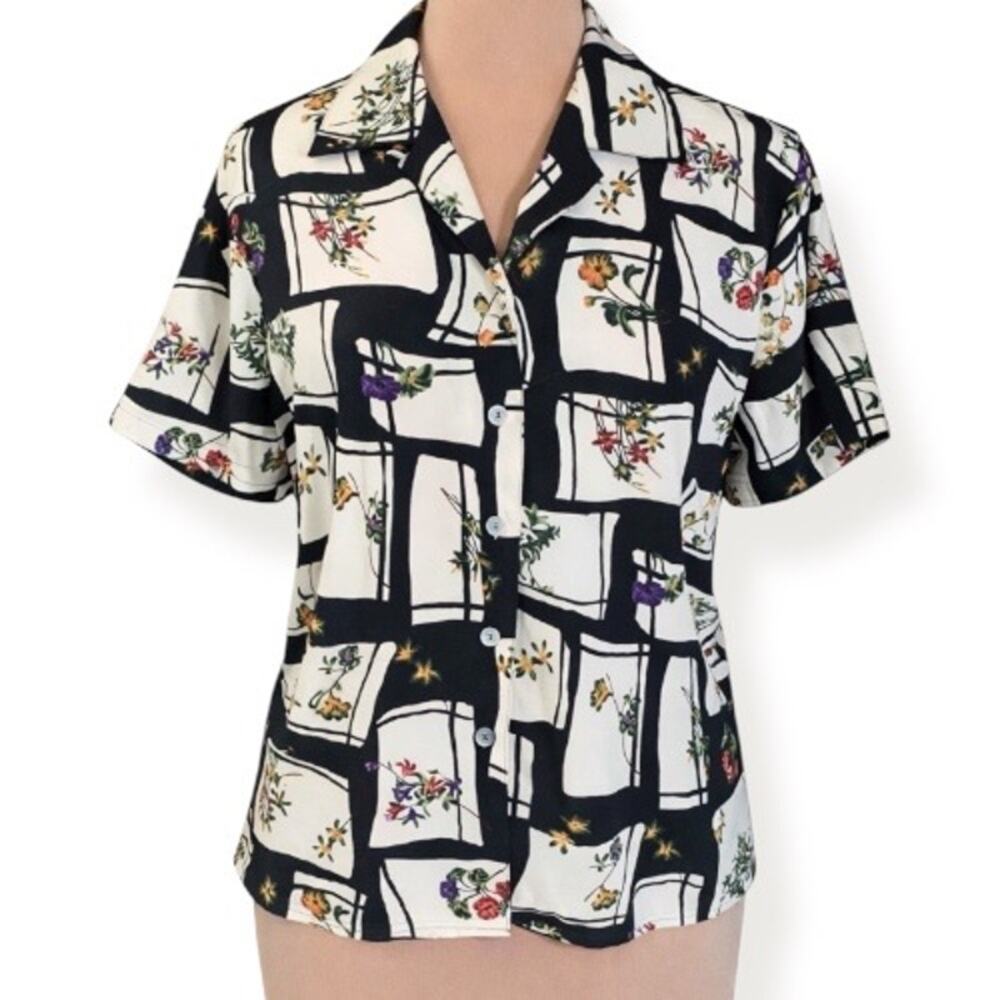 Vintage Floral Abstract Button Front Short Sleeve Blouse Medium Abstract Artsy